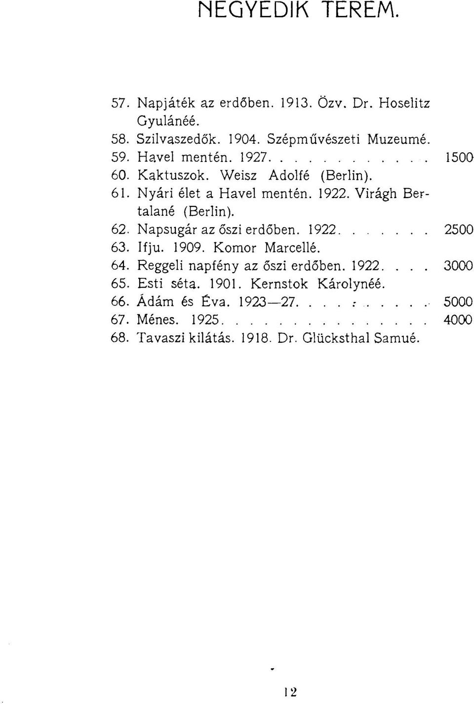 Napsugár az őszi erdőben. 1922 2500 63. Ifju. 1909. Komor Marcellé. 64. Reggeli napfény az őszi erdőben. 1922.... 3000 65.