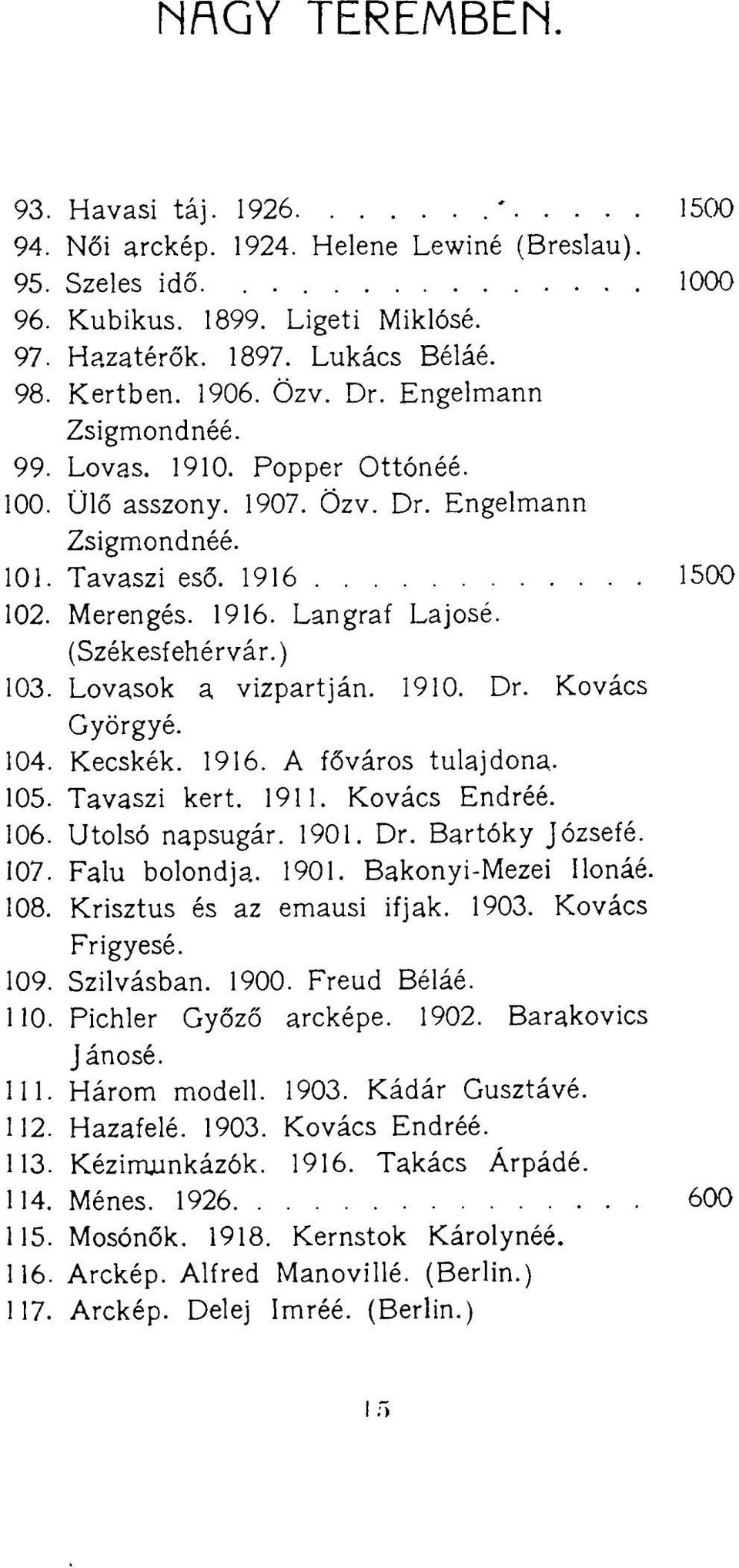 (Székesfehérvár.) 103. Lovasok a vízpartján. 1910. Dr. Kovács Györgyé. 104. Kecskék. 1916. A főváros tulajdona.. 105. Tavaszi kert. 1911. Kovács Endréé. 106. Utolsó napsugár. 1901. Dr. Bartóky Józsefé.