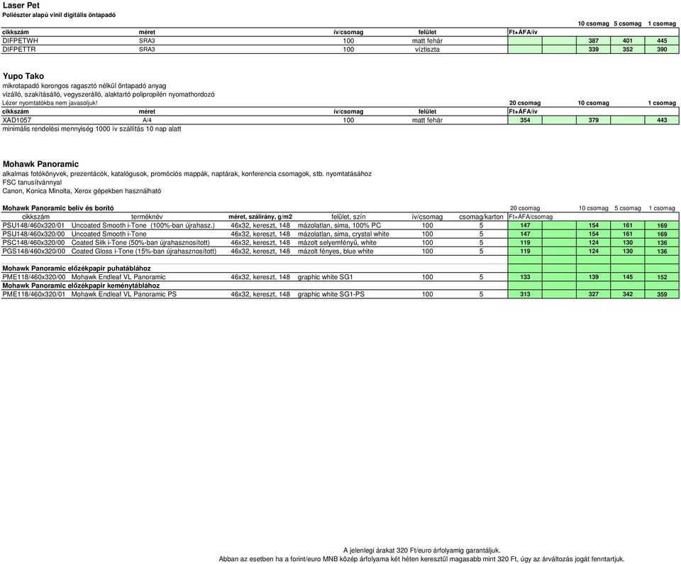 20 csomag 10 csomag 1 csomag cikkszám méret ív/csomag felület Ft+ÁFA/ív XAD1057 A/4 100 matt fehár 354 379 443 minimális rendelési mennyiség 1000 ív szállítás 10 nap alatt Mohawk Panoramic alkalmas