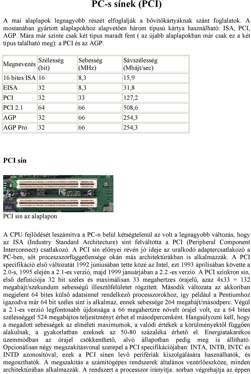 Megnevezés Szélesség (bit) Sebesség (MHz) 16 bites ISA 16 8,3 15,9 EISA 32 8,3 31,8 PCI 32 33 127,2 PCI 2.