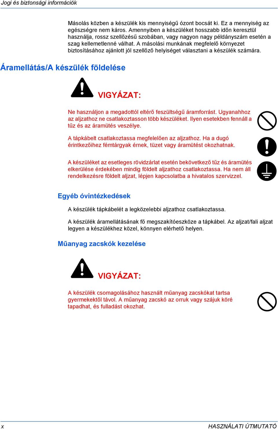 A másolási munkának megfelelő környezet biztosításához ajánlott jól szellőző helyiséget választani a készülék számára. VIGYÁZAT: Ne használjon a megadottól eltérő feszültségű áramforrást.