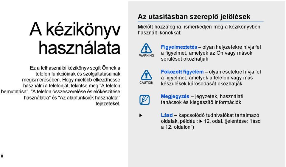 Az utasításban szereplő jelölések Mielőtt hozzáfogna, ismerkedjen meg a kézikönyvben használt ikonokkal: Figyelmeztetés olyan helyzetekre hívja fel a figyelmet, amelyek az Ön vagy mások sérülését