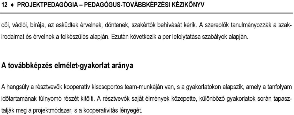 A továbbképzés elmélet-gyakorlat aránya A hangsúly a résztvevők kooperatív kiscsoportos team-munkáján van, s a gyakorlatokon alapszik, amely a