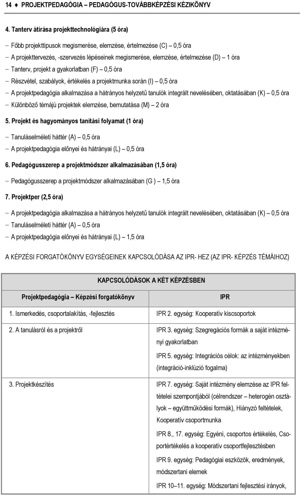 Tanterv, projekt a gyakorlatban (F) 0,5 óra Részvétel, szabályok, értékelés a projektmunka során (I) 0,5 óra A projektpedagógia alkalmazása a hátrányos helyzetű tanulók integrált nevelésében,