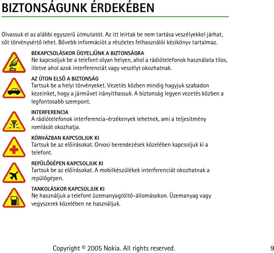 BEKAPCSOLÁSKOR ÜGYELJÜNK A BIZTONSÁGRA Ne kapcsoljuk be a telefont olyan helyen, ahol a rádiótelefonok használata tilos, illetve ahol azok interferenciát vagy veszélyt okozhatnak.