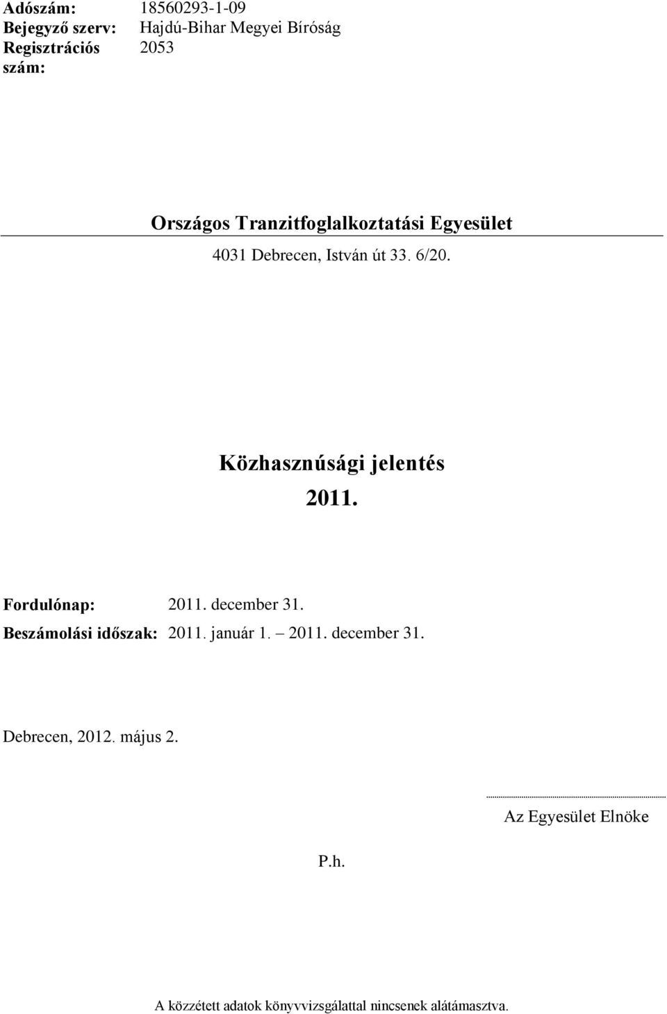 december 31. Beszámolási időszak: 2011. január 1. 2011. december 31. Debrecen, 2012.
