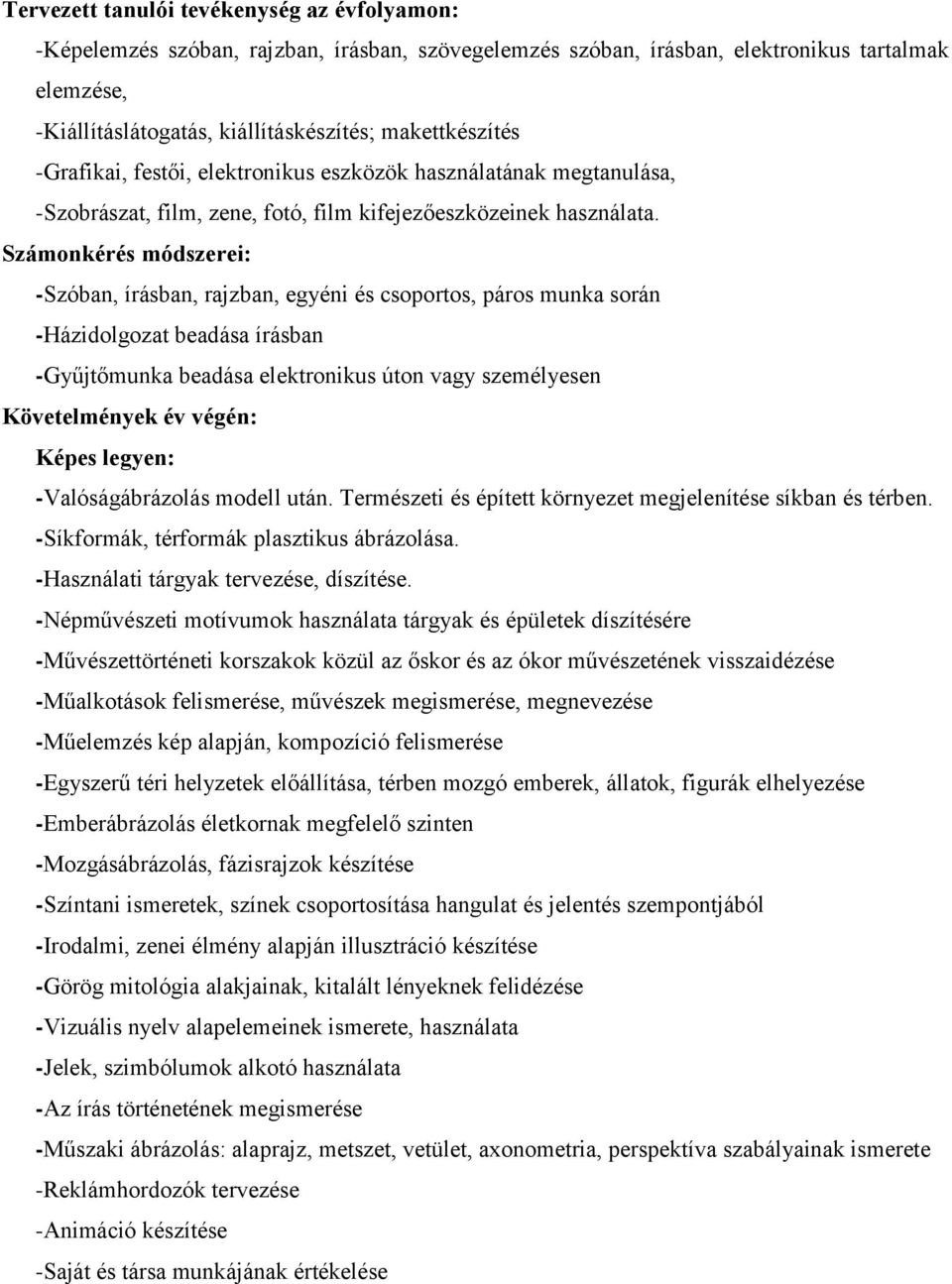 Számonkérés módszerei: -Szóban, írásban, rajzban, egyéni és csoportos, páros munka során -Házidolgozat beadása írásban -Gyűjtőmunka beadása elektronikus úton vagy személyesen Követelmények év végén: