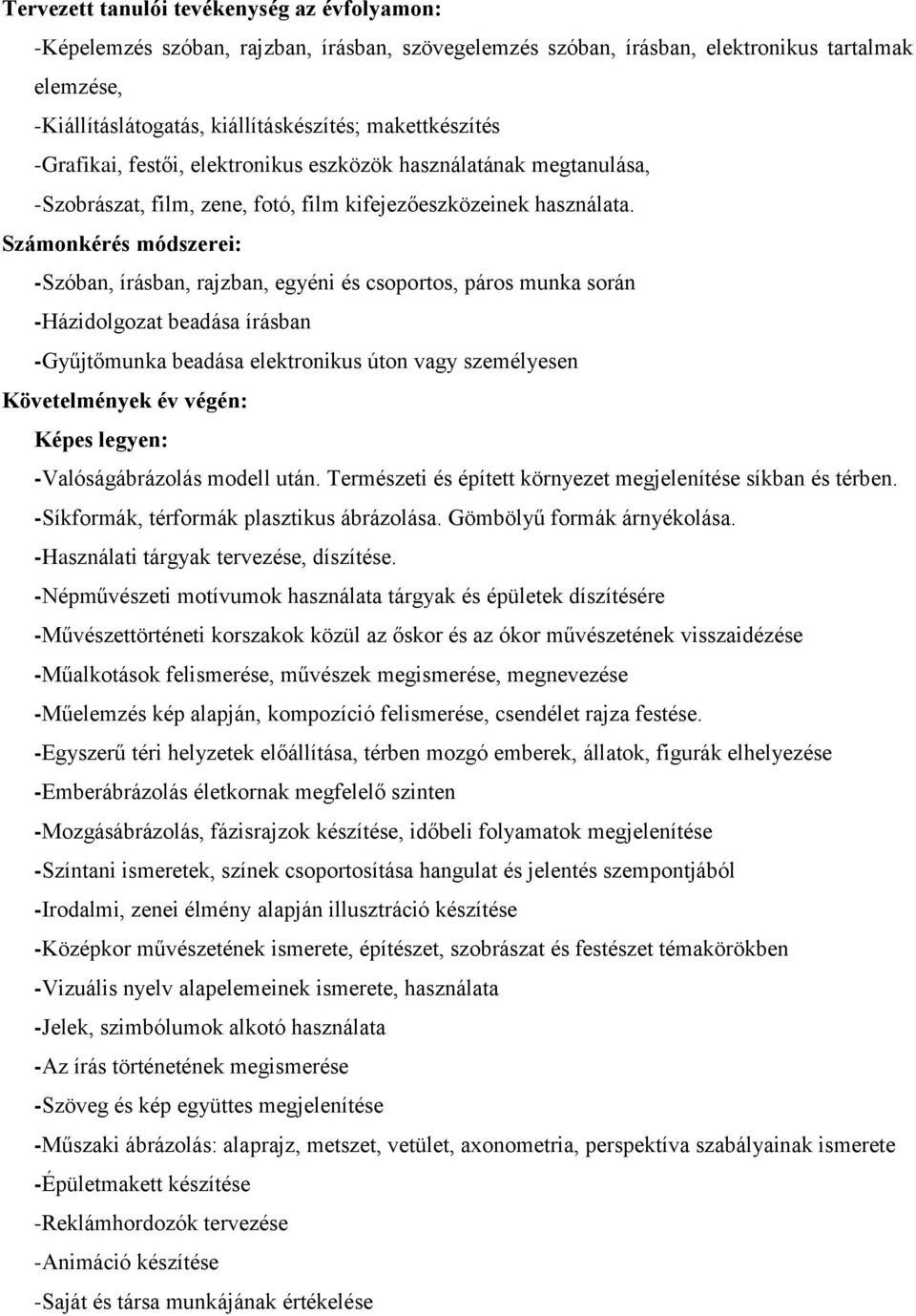 Számonkérés módszerei: -Szóban, írásban, rajzban, egyéni és csoportos, páros munka során -Házidolgozat beadása írásban -Gyűjtőmunka beadása elektronikus úton vagy személyesen Követelmények év végén: