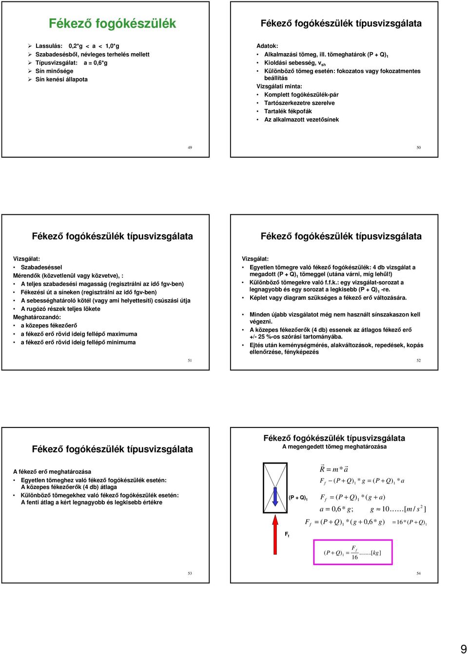 alkalmazott vezetsínek 49 50 Fékez fogókészülék típusvizsgálata Fékez fogókészülék típusvizsgálata Vizsgálat: Szabadeséssel Mérendk (közvetlenül vagy közvetve), : A teljes szabadesési magasság