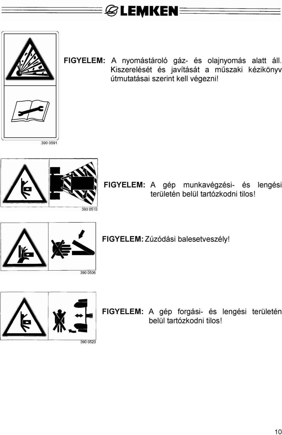 FIGYELEM: A gép munkavégzési- és lengési területén belül tartózkodni tilos!