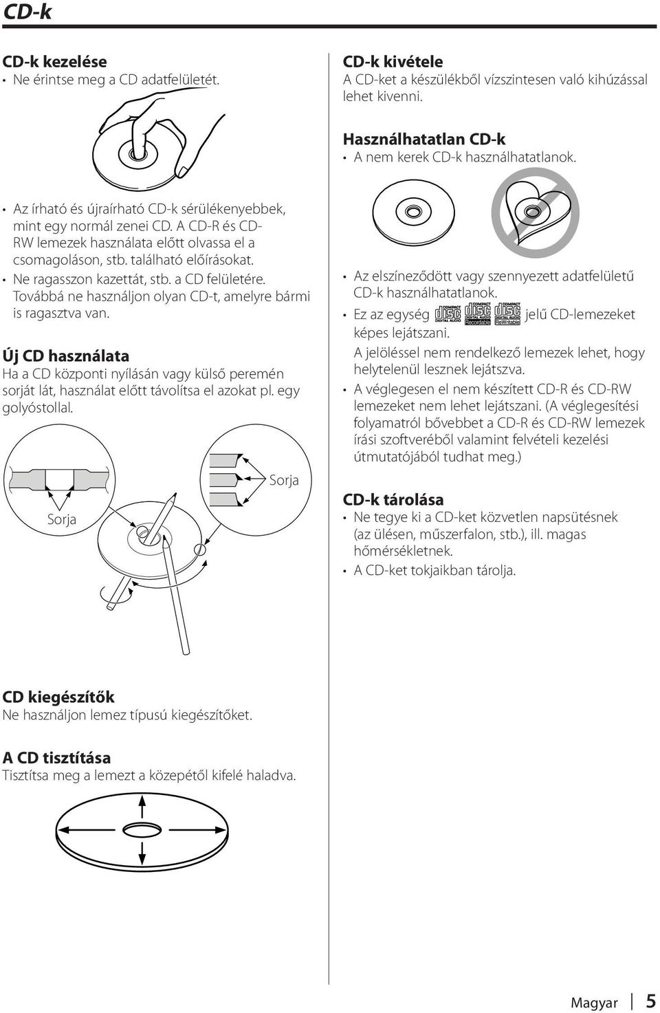 a CD felületére. Továbbá ne használjon olyan CD-t, amelyre bármi is ragasztva van. Új CD használata Ha a CD központi nyílásán vagy külső peremén sorját lát, használat előtt távolítsa el azokat pl.