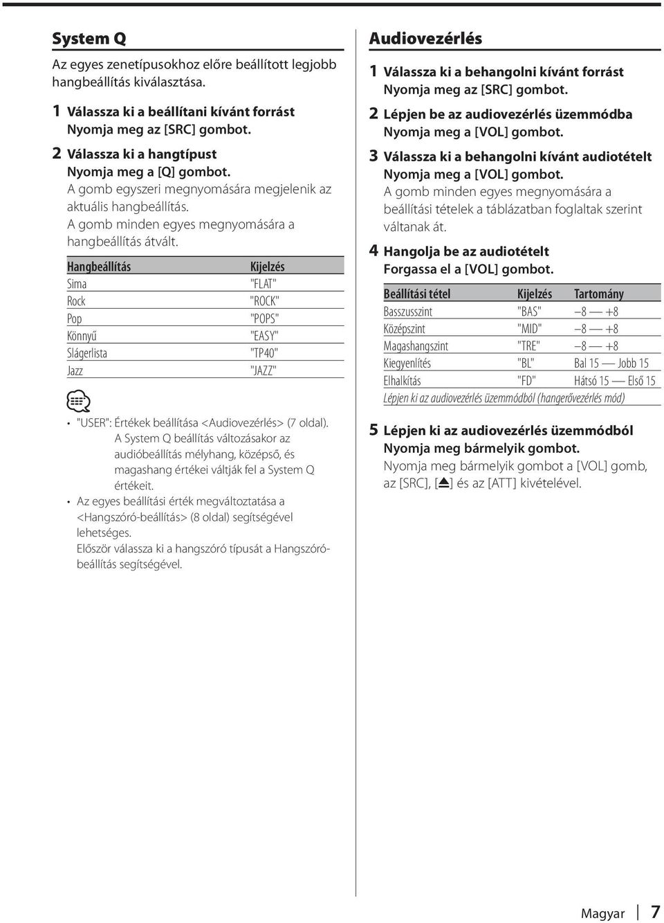 Hangbeállítás Sima Rock Pop Könnyű Slágerlista Jazz Kijelzés "FLAT" "ROCK" "POPS" "EASY" "TP40" "JAZZ" "USER": Értékek beállítása <Audiovezérlés> (7 oldal).