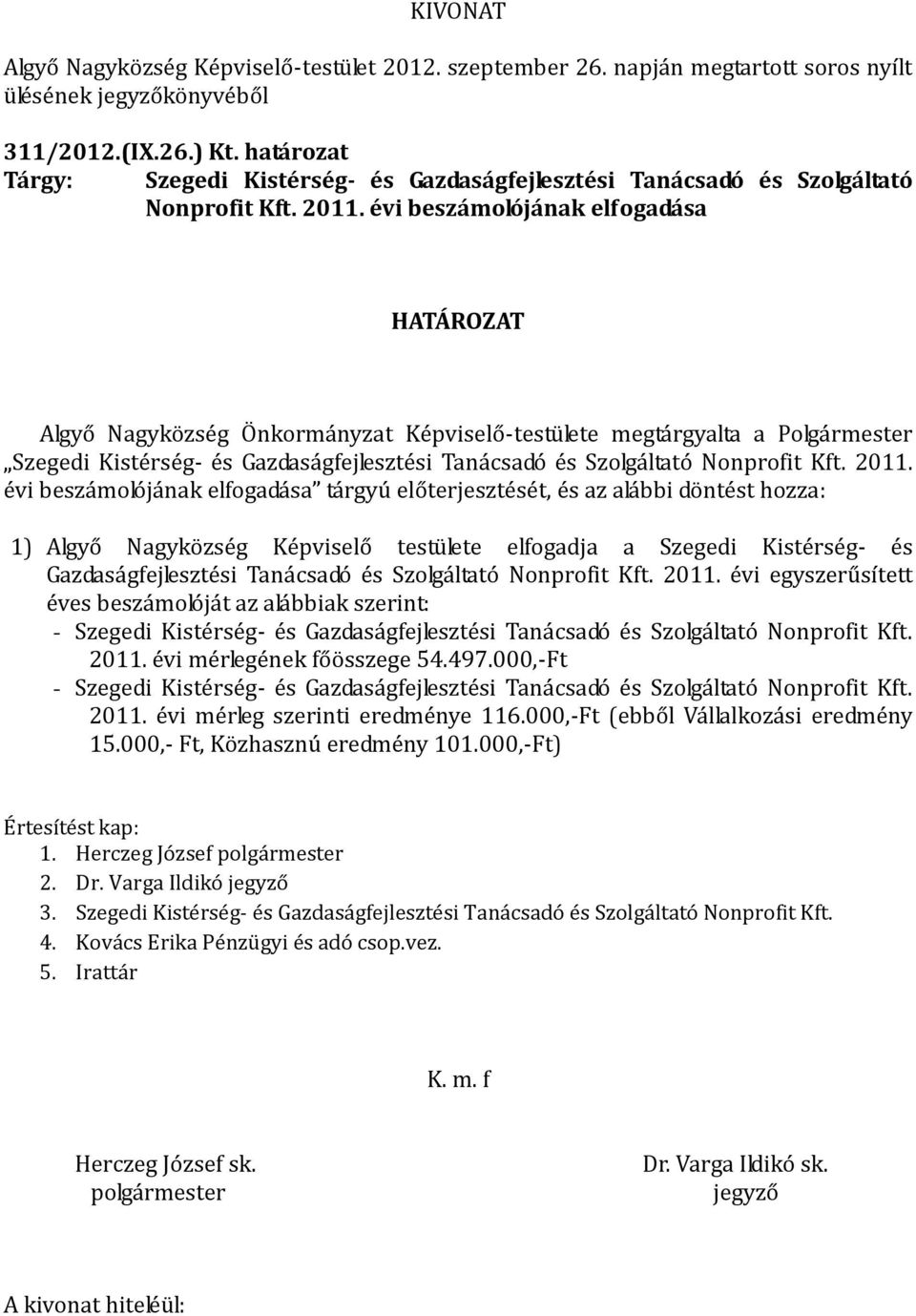 évi beszámolójának elfogadása tárgyú előterjesztését, és az alábbi döntést hozza: 1) Algyő Nagyközség Képviselő testülete elfogadja a Szegedi Kistérség- és Gazdaságfejlesztési Tanácsadó és