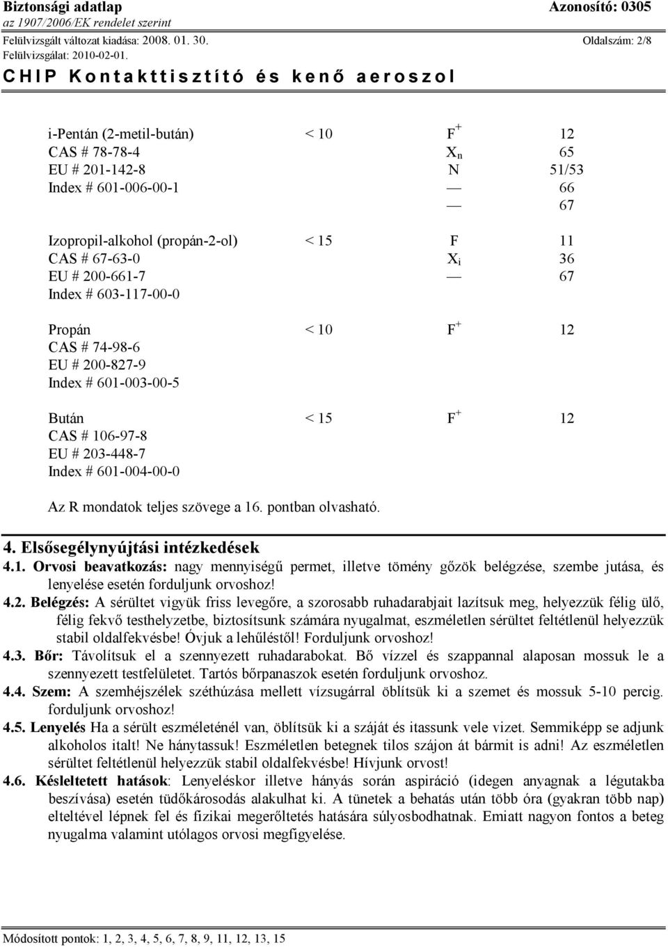 200-661-7 67 Index # 603-117-00-0 Propán < 10 F + 12 CAS # 74-98-6 EU # 200-827-9 Index # 601-003-00-5 Bután < 15 F + 12 CAS # 106-97-8 EU # 203-448-7 Index # 601-004-00-0 Az R mondatok teljes