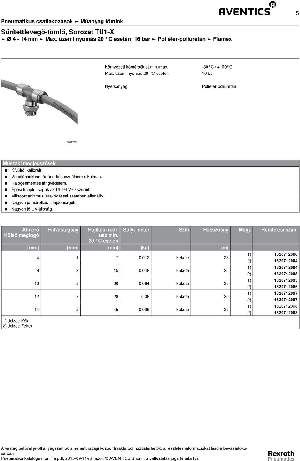 üzemi nyomás -30 C / +100 C 16 bar Nyersanyag Poliéter-poliuretán 00127733 Műszaki megjegyzések Kívülről kalibrált Vonóláncokban történő felhasználásra alkalmas. Halogénmentes lángvédelem.