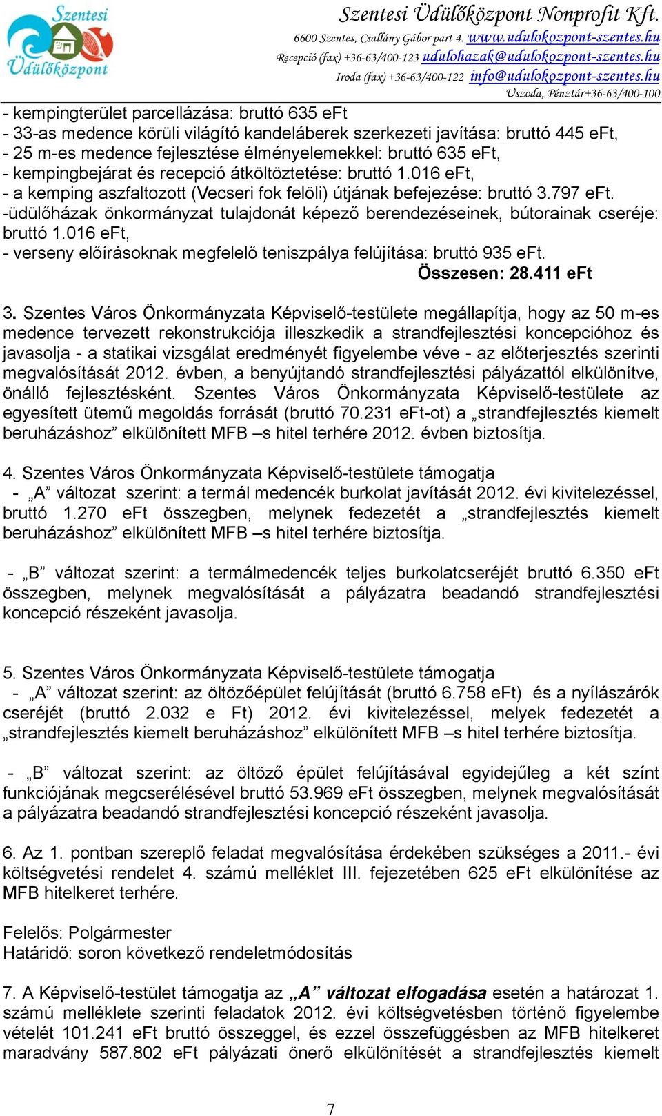 hu Uszoda, Pénztár+36-63/400-100 - kempingterület parcellázása: bruttó 635 eft - 33-as medence körüli világító kandeláberek szerkezeti javítása: bruttó 445 eft, - 25 m-es medence fejlesztése