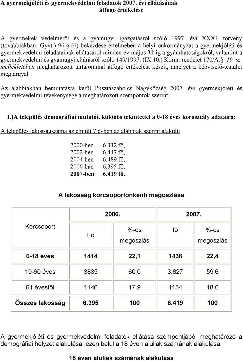 szóló 149/1997. (IX.10.) Korm. rendelet 170/A.. 10. sz. mellékletében meghatározott tartalommal átfogó értékelést készít, amelyet a képviselı-testület megtárgyal.