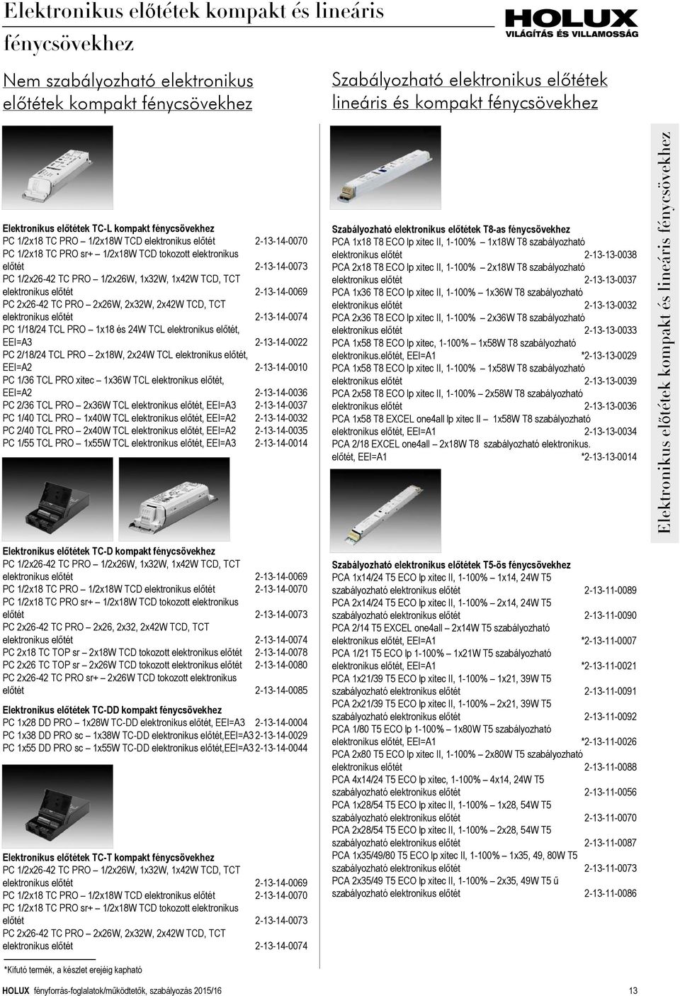 TC PRO 1/2x26W, 1x32W, 1x42W TCD, TCT elektronikus előtét 2-13-14-0069 PC 2x26-42 TC PRO 2x26W, 2x32W, 2x42W TCD, TCT elektronikus előtét 2-13-14-0074 PC 1/18/24 TCL PRO 1x18 és 24W TCL elektronikus