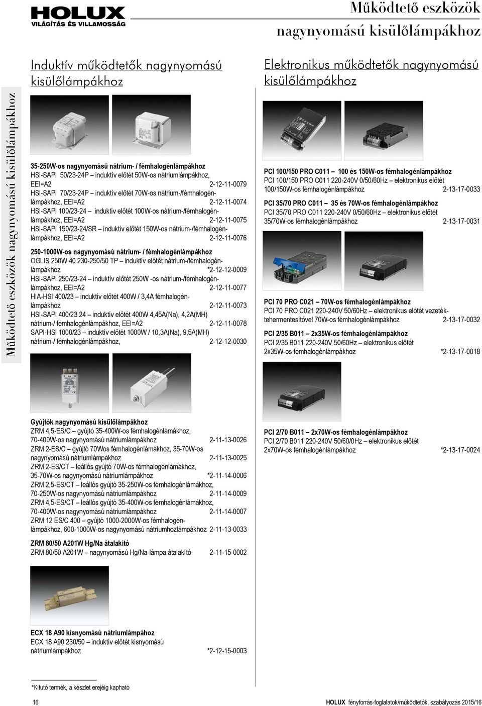 nátrium-/fémhalogénlámpákhoz, EEI=A2 2-12-11-0075 HSI-SAPI 150/23-24/SR induktív előtét 150W-os nátrium-/fémhalogénlámpákhoz, EEI=A2 2-12-11-0076 250-1000W-os nagynyomású nátrium- /