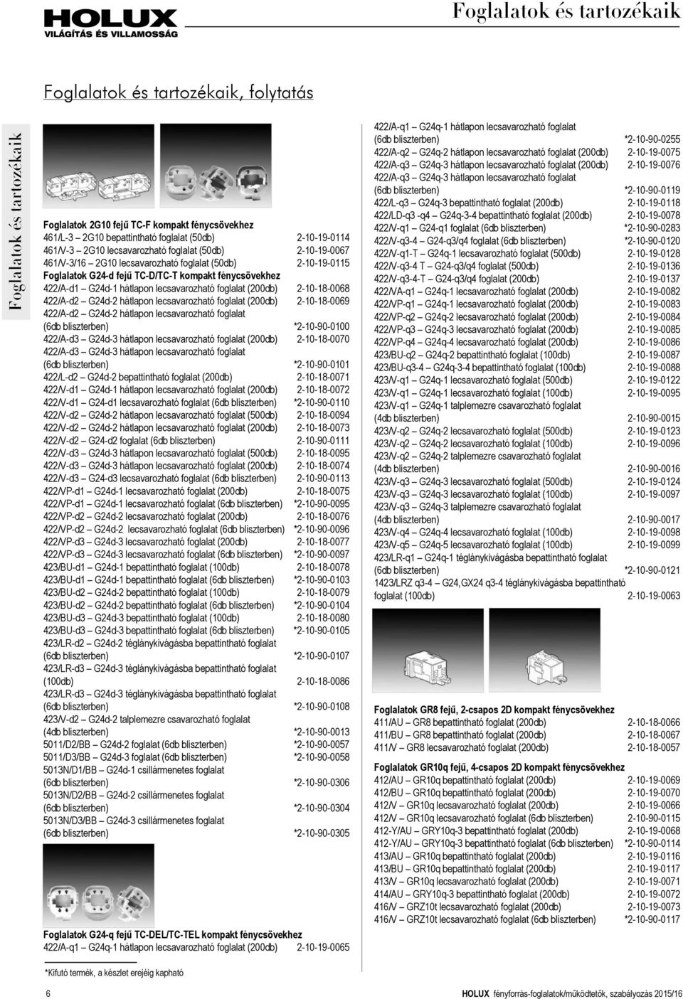 lecsavarozható foglalat (200db) 2-10-18-0069 422/A-d2 G24d-2 hátlapon lecsavarozható foglalat (6db bliszterben) *2-10-90-0100 422/A-d3 G24d-3 hátlapon lecsavarozható foglalat (200db) 2-10-18-0070