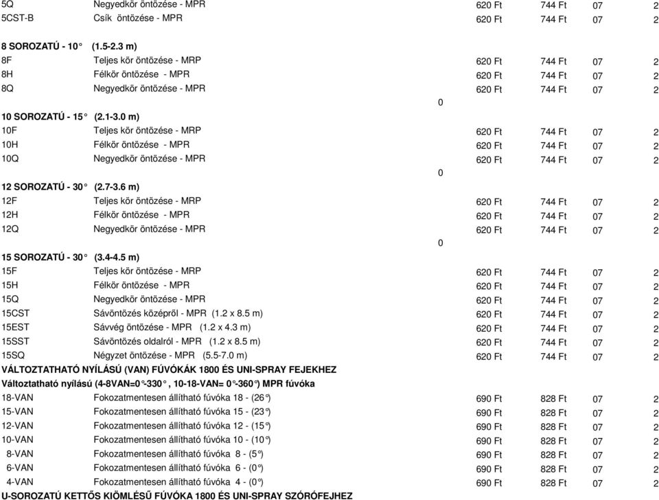 0 m) 10F Teljes kör öntözése - MRP 620 Ft 744 Ft 07 2 10H Félkör öntözése - MPR 620 Ft 744 Ft 07 2 10Q Negyedkör öntözése - MPR 620 Ft 744 Ft 07 2 0 12 SOROZATÚ - 30 (2.7-3.