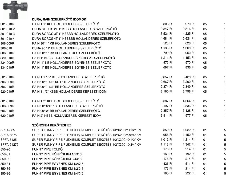 306-010 DURA 90 1" BB HOLLANDERES SZELEPKÖTŐ 1 133 Ft 1 360 Ft 05 1 306-010R RAIN 90 1" BB HOLLANDERES SZELEPKÖTŐ 792 Ft 950 Ft 05 1 320-010R RAIN 1" KBBB HOLLANDERES KERESZT SZELEPKÖTŐ 1 211 Ft 1