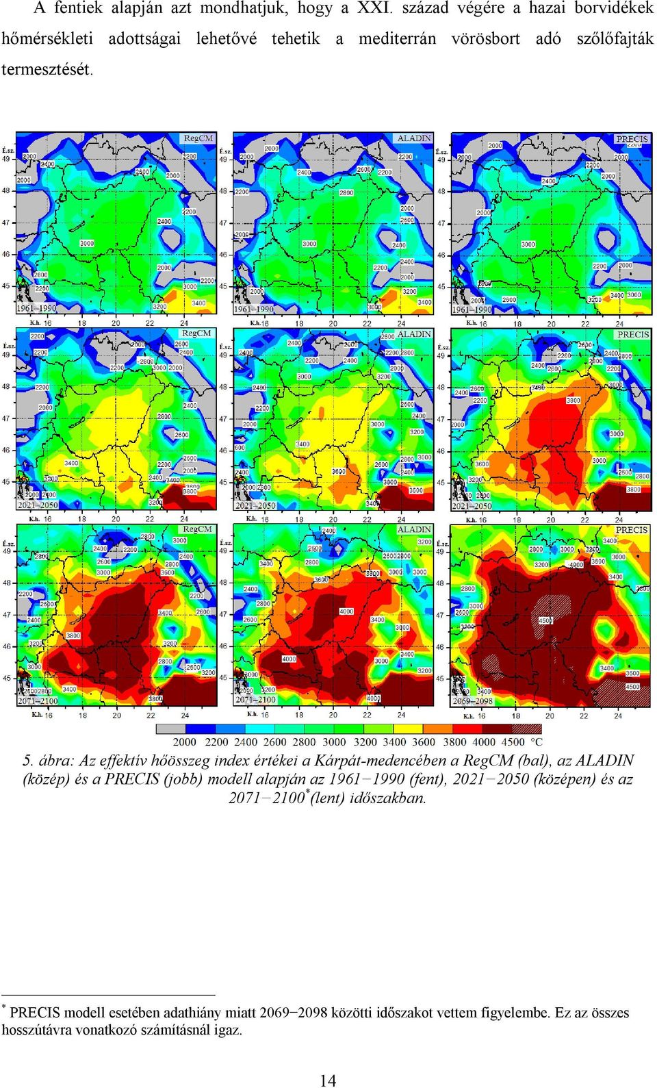 ábra: Az effektív hőösszeg index értékei a Kárpát-medencében a RegCM (bal), az ALADIN (közép) és a PRECIS (jobb) modell alapján az