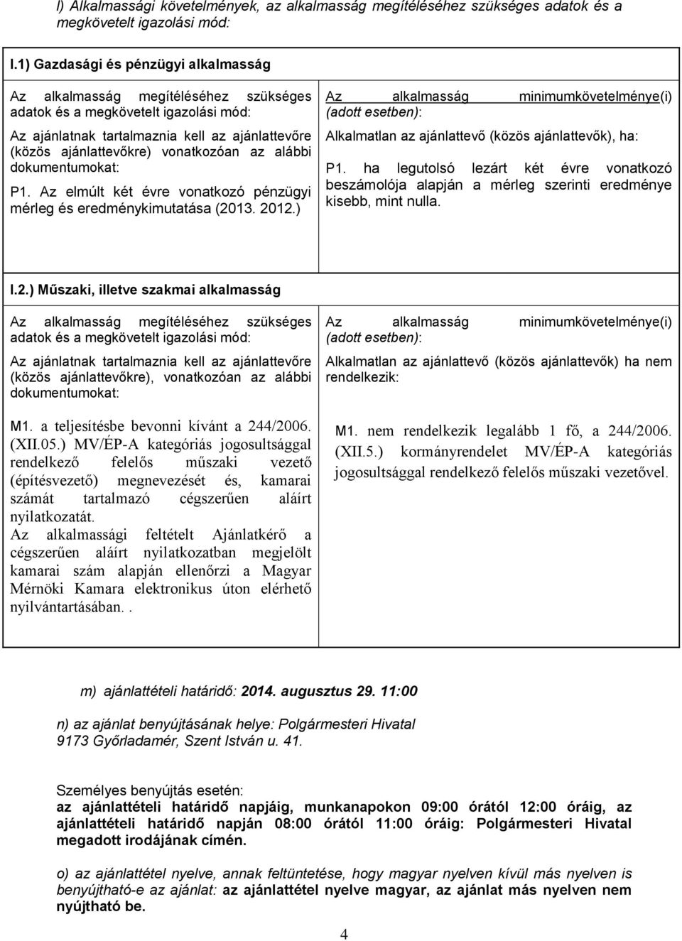 az alábbi dokumentumokat: P1. Az elmúlt két évre vonatkozó pénzügyi mérleg és eredménykimutatása (2013. 2012.