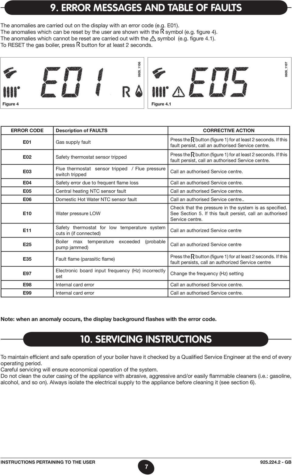 1 ERROR CODE Description of FAULTS Corrective action E01 E02 E03 Gas supply fault Safety thermostat sensor tripped Flue thermostat sensor tripped / Flue pressure switch tripped Press the button