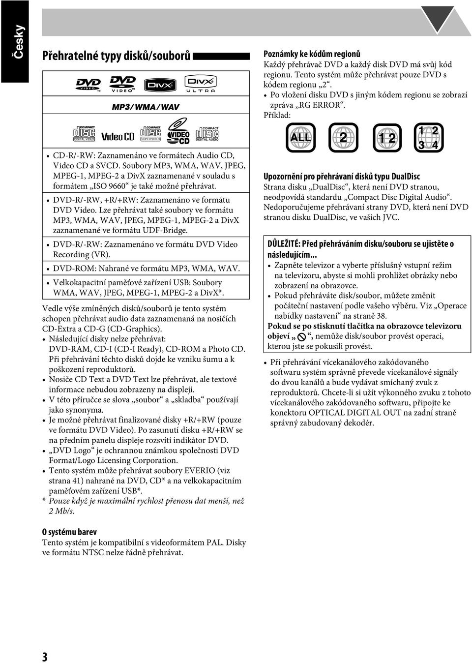 Soubory MP3, WMA, WAV, JPEG, MPEG-1, MPEG-2 a DivX zaznamenané v souladu s formátem ISO 9660 je také možné přehrávat. DVD-R/-RW, +R/+RW: Zaznamenáno ve formátu DVD Video.