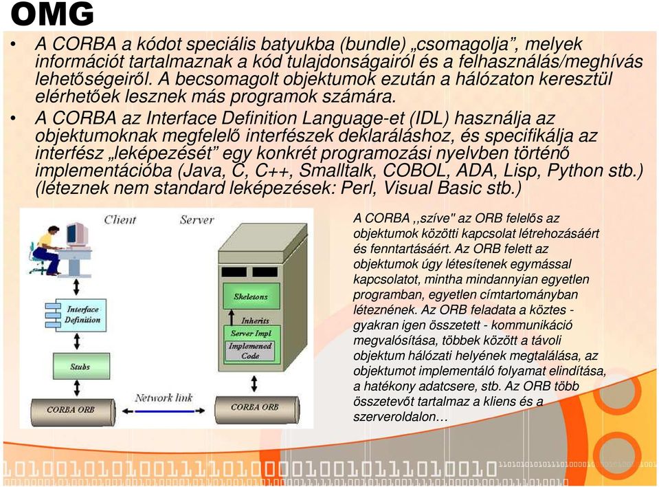 A CORBA az Interface Definition Language-et (IDL) használja az objektumoknak megfelelő interfészek deklaráláshoz, és specifikálja az interfész leképezését egy konkrét programozási nyelvben történő