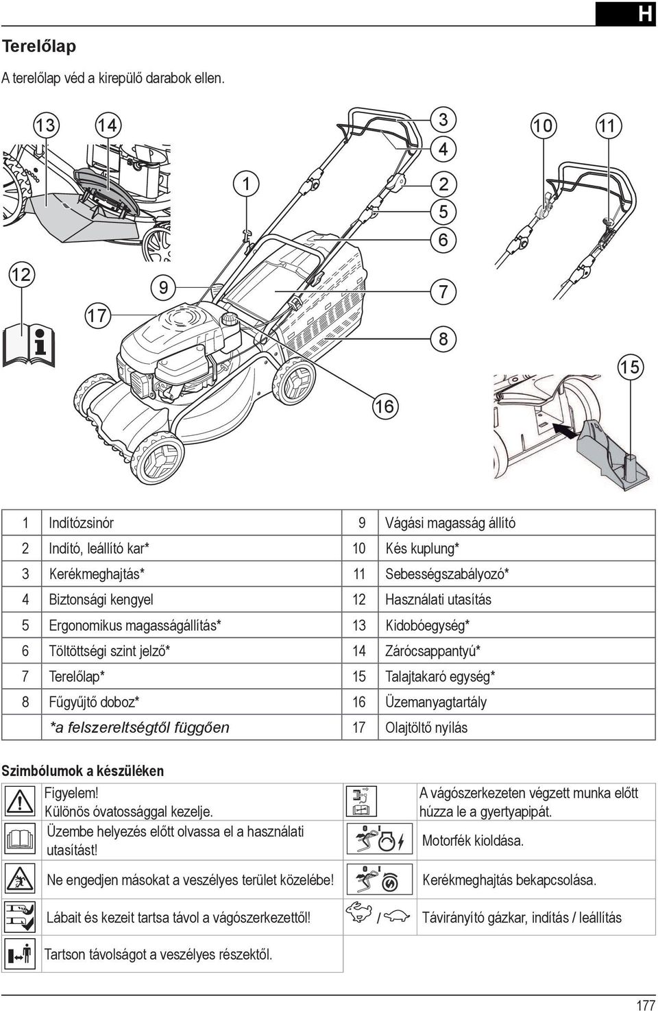 egység* 8 16 Üzemanyagtartály 17 Szimbólumok a készüléken Különös óvatossággal kezelje.