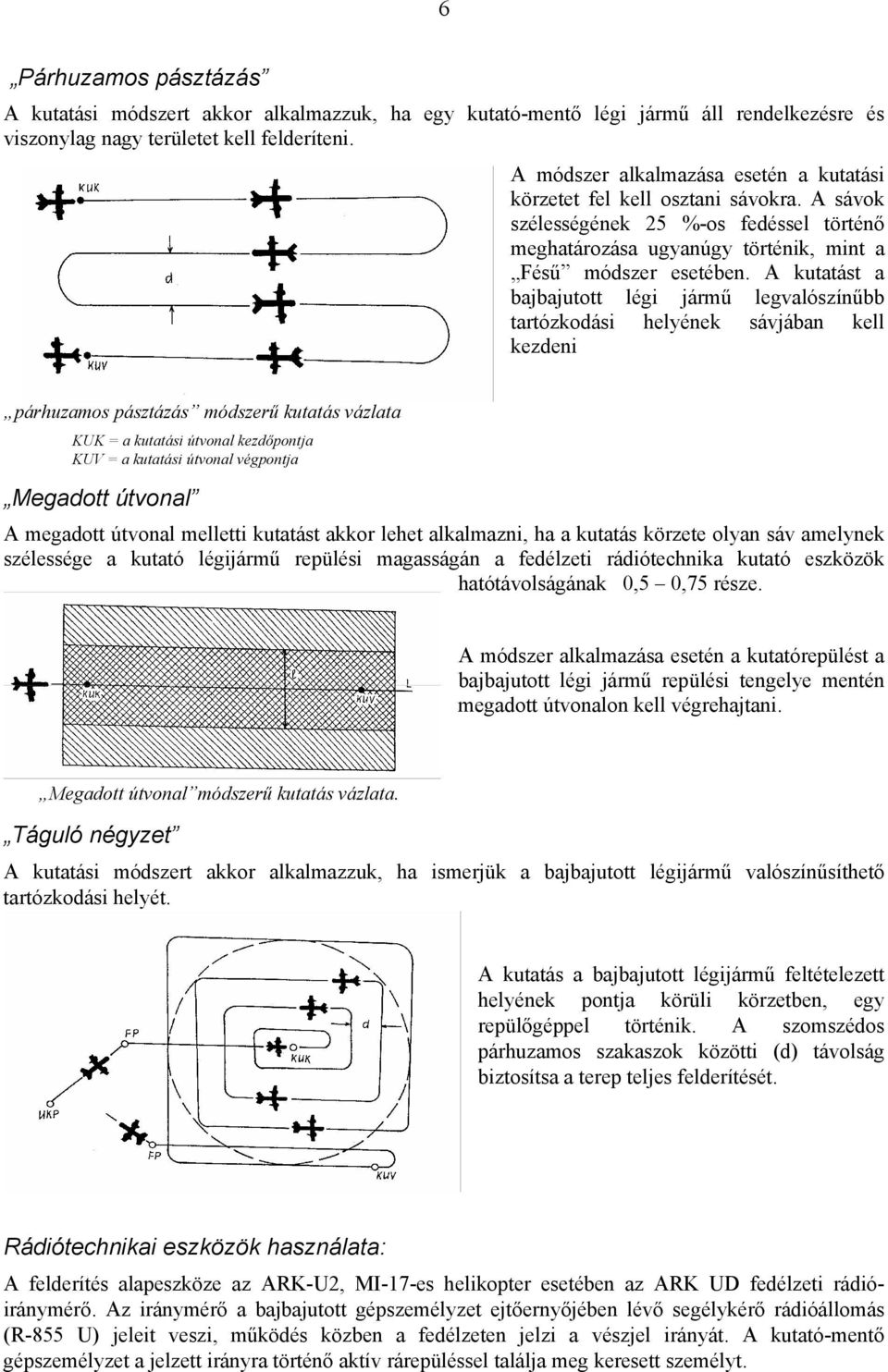 A kutatást a bajbajutott légi jármű legvalószínűbb tartózkodási helyének sávjában kell kezdeni párhuzamos pásztázás módszerű kutatás vázlata KUK = a kutatási útvonal kezdőpontja KUV = a kutatási