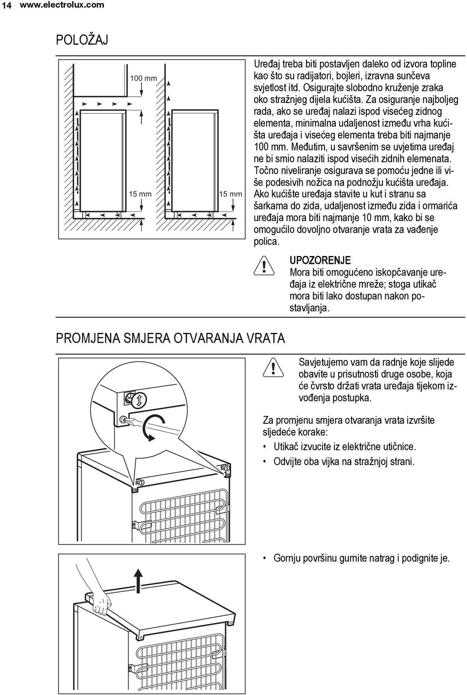 Za osiguranje najboljeg rada, ako se uređaj nalazi ispod visećeg zidnog elementa, minimalna udaljenost između vrha kućišta uređaja i visećeg elementa treba biti najmanje 100 mm.