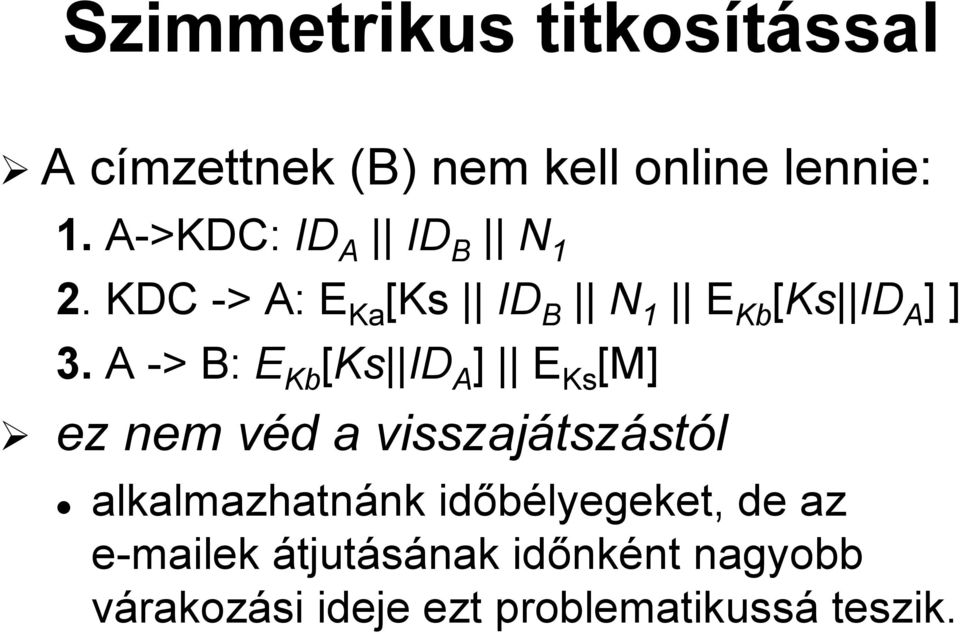 A -> B: E Kb [Ks ID A ] E Ks [M] ez nem véd v d a visszajátsz tszástól alkalmazhatnánk