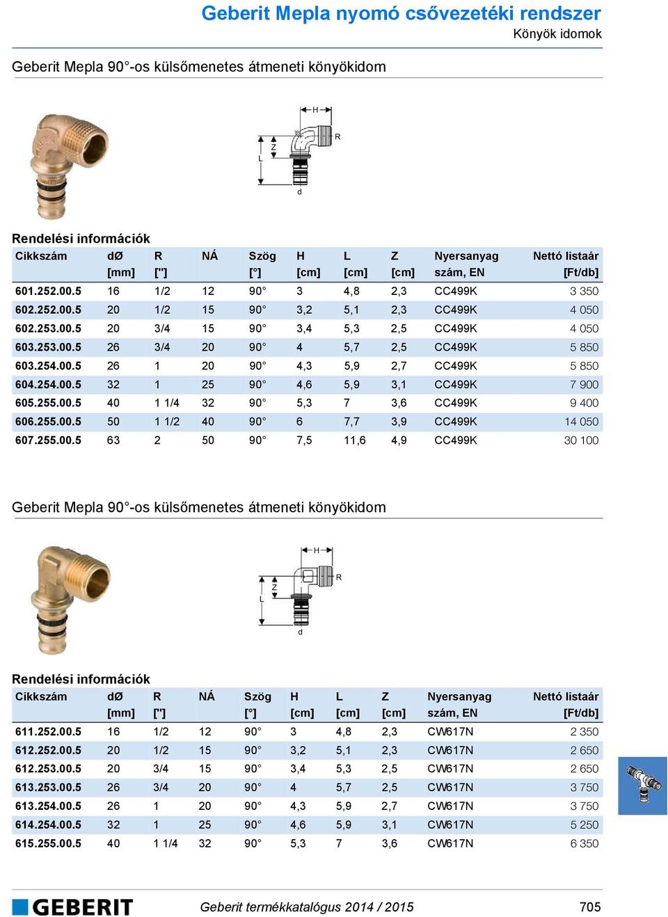 254.00.5 32 1 25 90 4,6 5,9 3,1 CC499K 7 900 605.255.00.5 40 1 1/4 32 90 5,3 7 3,6 CC499K 9 400 606.255.00.5 50 1 1/2 40 90 6 7,7 3,9 CC499K 14 050 607.255.00.5 63 2 50 90 7,5 11,6 4,9 CC499K 30 100 Geberit Mepa 90 -os küsőmenetes átmeneti könyökiom H R Cikkszám Ø R [''] Szög [ ] H Nyersanyag szám, EN 611.