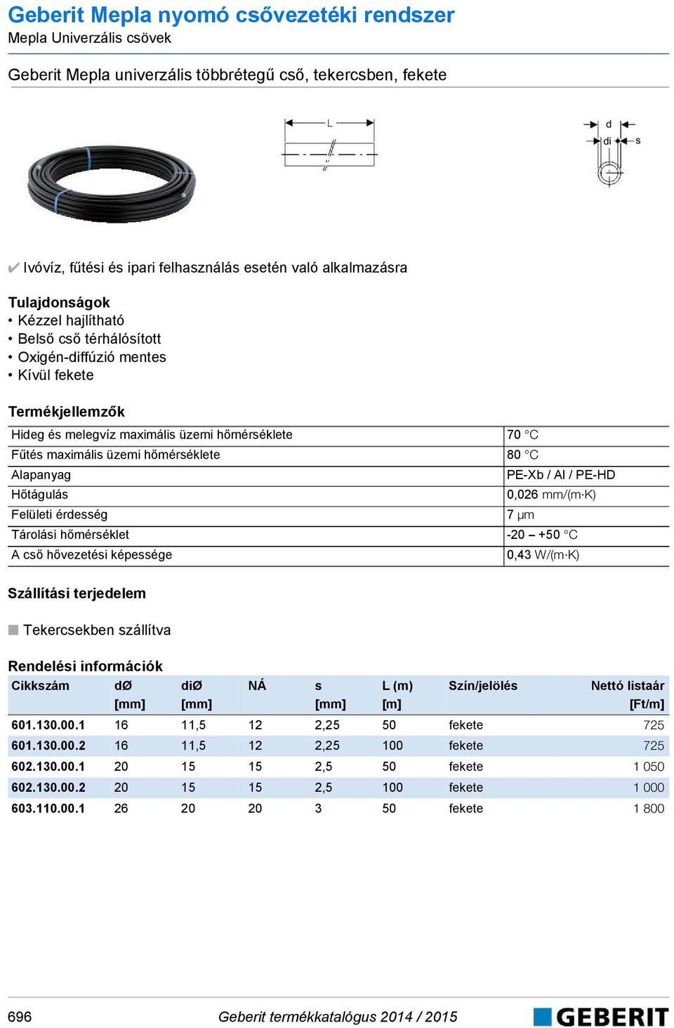 Feüeti éresség 7 μm Tároási hőmérséket -20 +50 C A cső hővezetési képessége 0,43 W/(m K) Száítási terjeeem Tekercsekben száítva Cikkszám Ø iø s (m) Szín/jeöés [m] [Ft/m] 601.130.00.