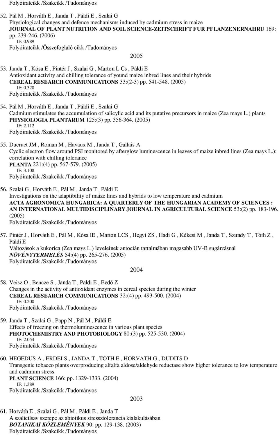 Janda T, Kósa E, Pintér J, Szalai G, Marton L Cs, Páldi E Antioxidant activity and chilling tolerance of yound maize inbred lines and their hybrids CEREAL RESEARCH COMMUNICATIONS 33:(2-3) pp. 541-548.