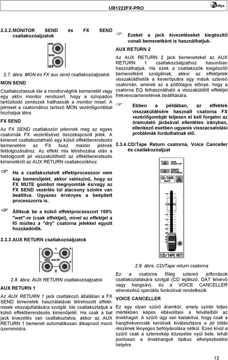 A jelmixet a csatornához tartozó MON vezérlőgombbal hozhatjuk létre. FX SEND Az FX SEND csatlakozón jelennek meg az egyes csatornák FX vezérlésével összekapcsolt jelek.