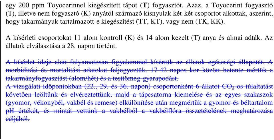 A kísérleti csoportokat 11 alom kontroll (K) és 14 alom kezelt (T) anya és almai adták. Az állatok elválasztása a 28. napon történt.