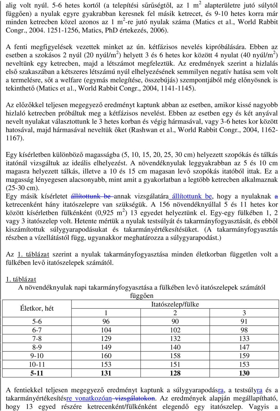 1 m 2 -re jutó nyulak száma (Matics et al., World Rabbit Congr., 2004. 1251-1256, Matics, PhD értekezés, 2006). A fenti megfigyelések vezettek minket az ún. kétfázisos nevelés kipróbálására.