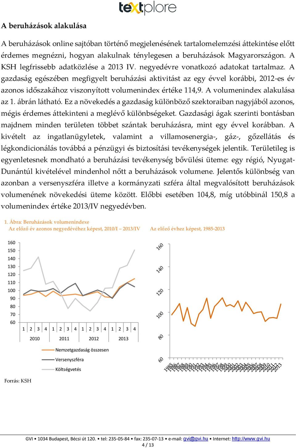 A gazdaság egészében megfigyelt beruházási aktivitást az egy évvel korábbi, 212-es év azonos időszakához viszonyított volumenindex értéke 114,9. A volumenindex alakulása az 1. ábrán látható.