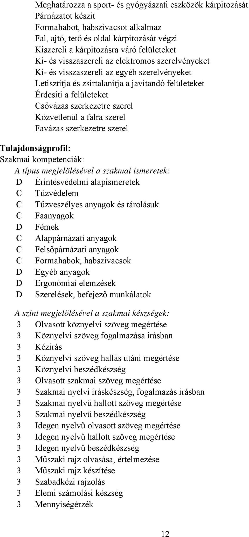Közvetlenül a falra szerel Favázas szerkezetre szerel Tulajdonságprofil: Szakmai kompetenciák: A típus megjelölésével a szakmai ismeretek: Érintésvédelmi alapismeretek Tűzvédelem Tűzveszélyes anyagok
