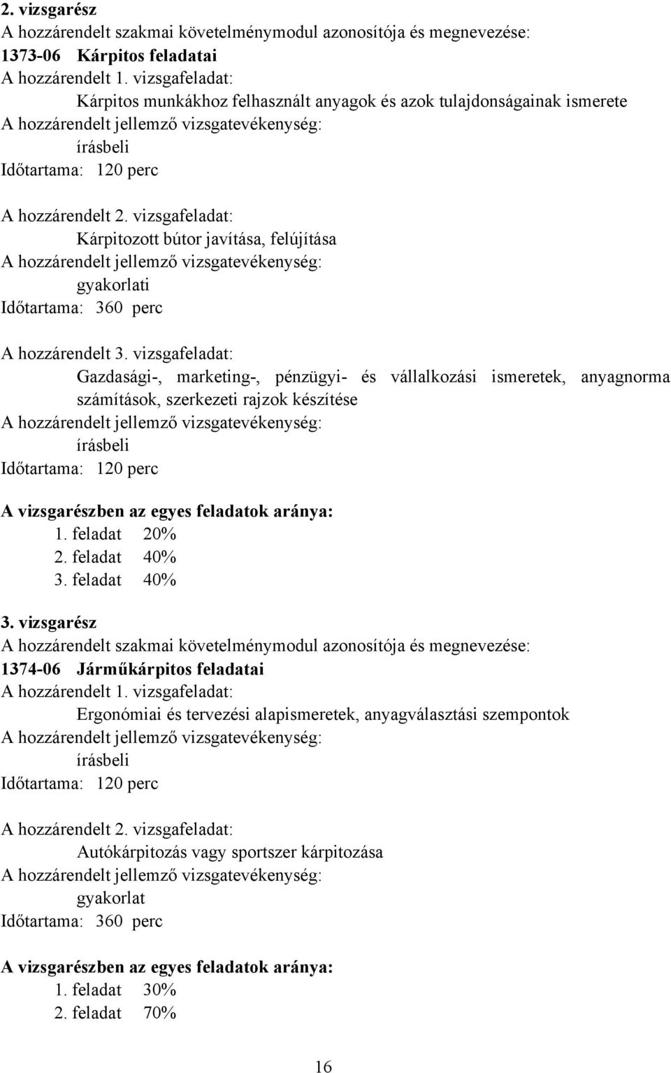 vizsgafeladat: Kárpitozott bútor javítása, felújítása A hozzárendelt jellemző vizsgatevékenység: gyakorlati Időtartama: 360 perc A hozzárendelt 3.