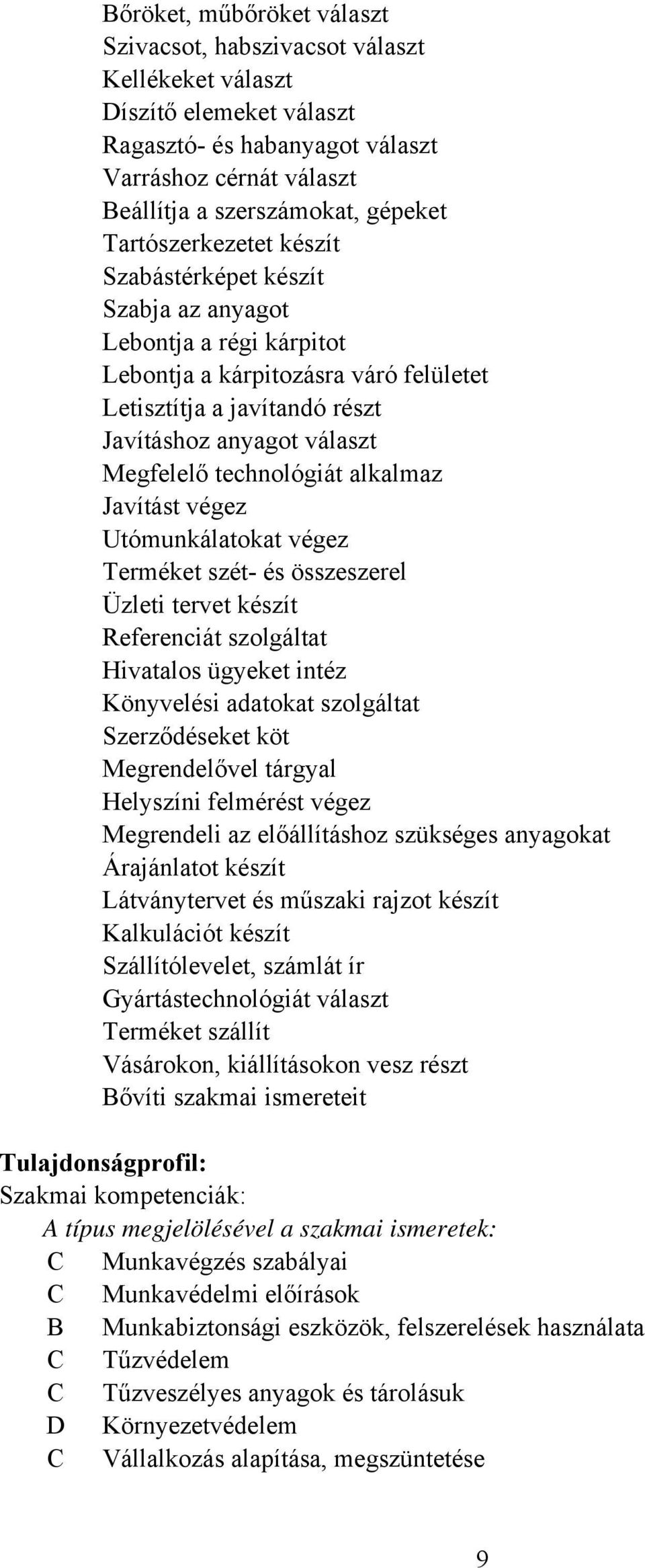 technológiát alkalmaz Javítást végez Utómunkálatokat végez Terméket szét- és összeszerel Üzleti tervet készít Referenciát szolgáltat Hivatalos ügyeket intéz Könyvelési adatokat szolgáltat