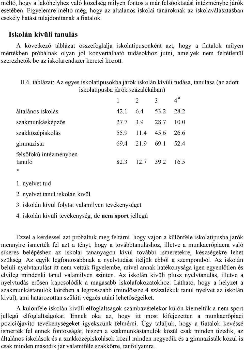 Iskolán kívüli tanulás A következő táblázat összefoglalja iskolatípusonként azt, hogy a fiatalok milyen mértékben próbálnak olyan jól konvertálható tudásokhoz jutni, amelyek nem feltétlenül