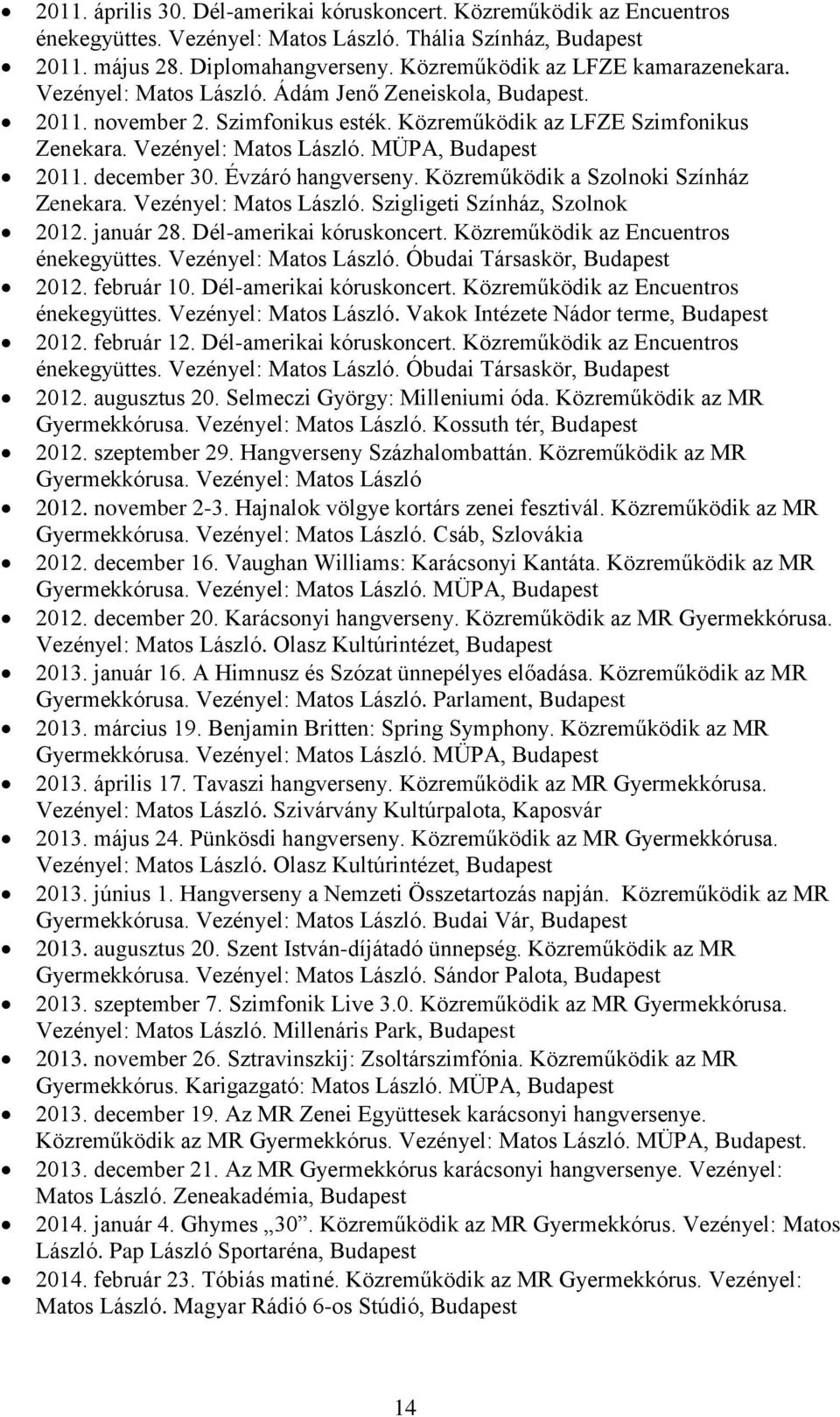 december 30. Évzáró hangverseny. Közreműködik a Szolnoki Színház Zenekara. Vezényel: Matos László. Szigligeti Színház, Szolnok 2012. január 28. Dél-amerikai kóruskoncert.