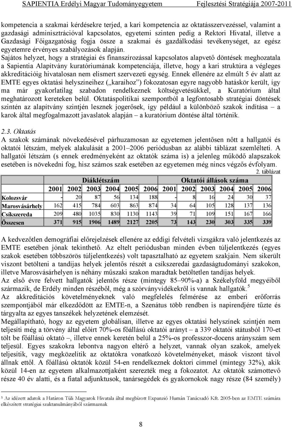 Sajátos helyzet, hogy a stratégiai és finanszírozással kapcsolatos alapvető döntések meghozatala a Sapientia Alapítvány kuratóriumának kompetenciája, illetve, hogy a kari struktúra a végleges