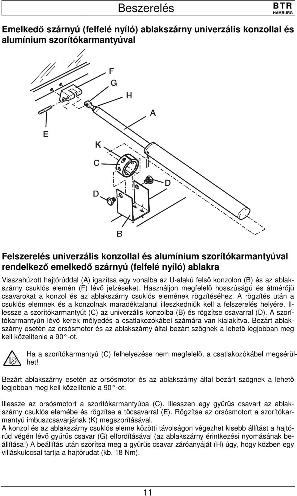 Használjon megfelelő hosszúságú és átmérőjű csavarokat a konzol és az ablakszárny csuklós elemének rögzítéséhez.