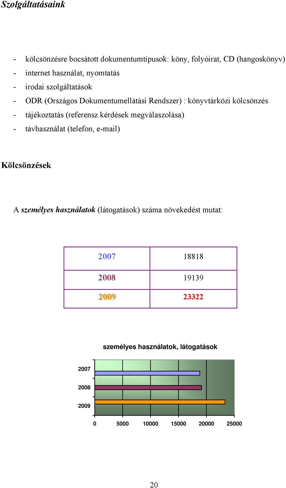 (referensz kérdések megválaszolása) - távhasználat (telefon, e-mail) Kölcsönzések A személyes használatok (látogatások) száma